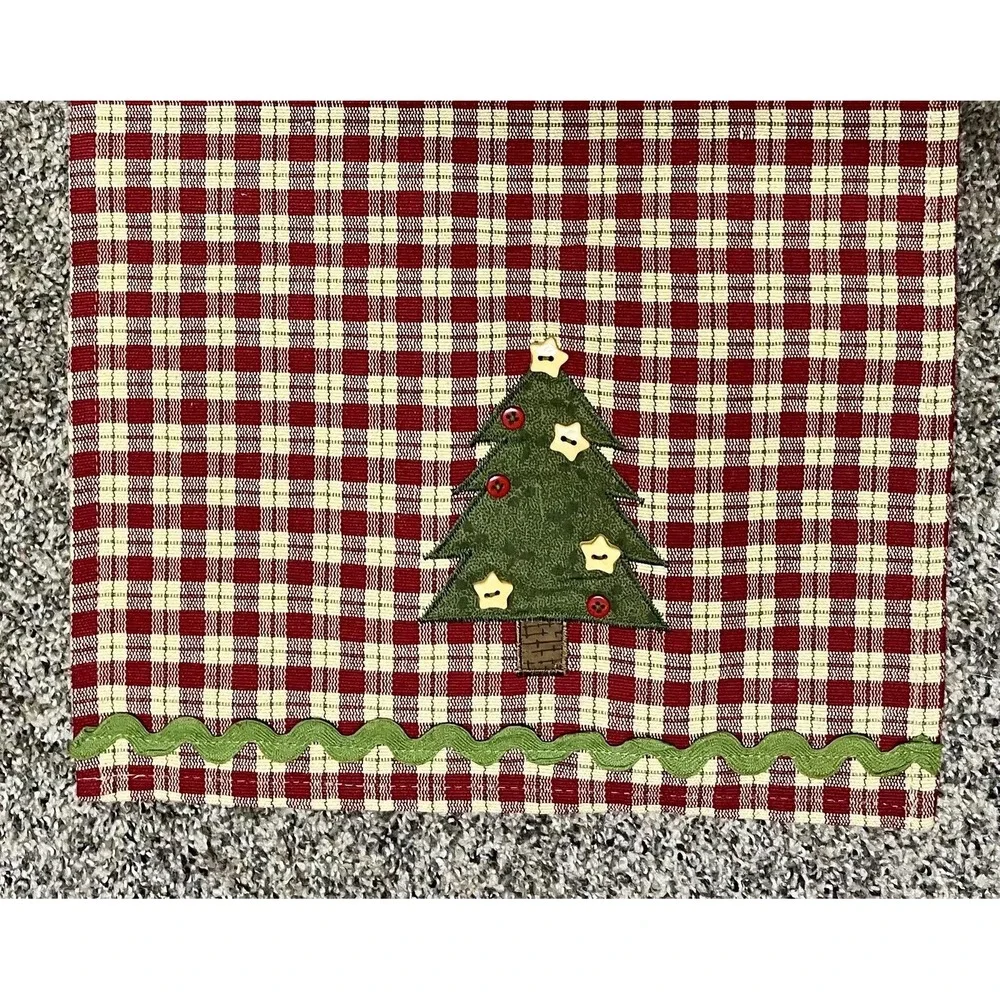 Christmas Tree Table Runner Red Checked Embroidered Country‎ Farmhouse Decor